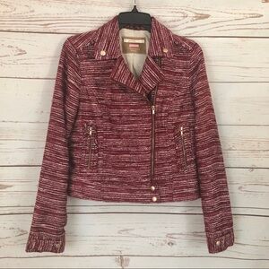 Red Space Dye Bershka Tweed Asymmetrical Moto Jacket